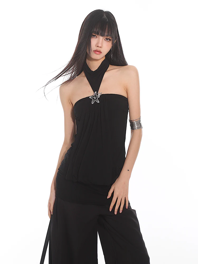 Halter Neck Draped Blouse with Pendant Detail - Image 2