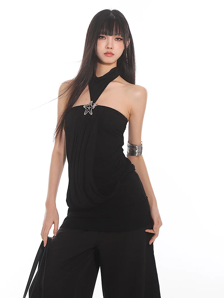 Halter Neck Draped Blouse with Pendant Detail - Image 3