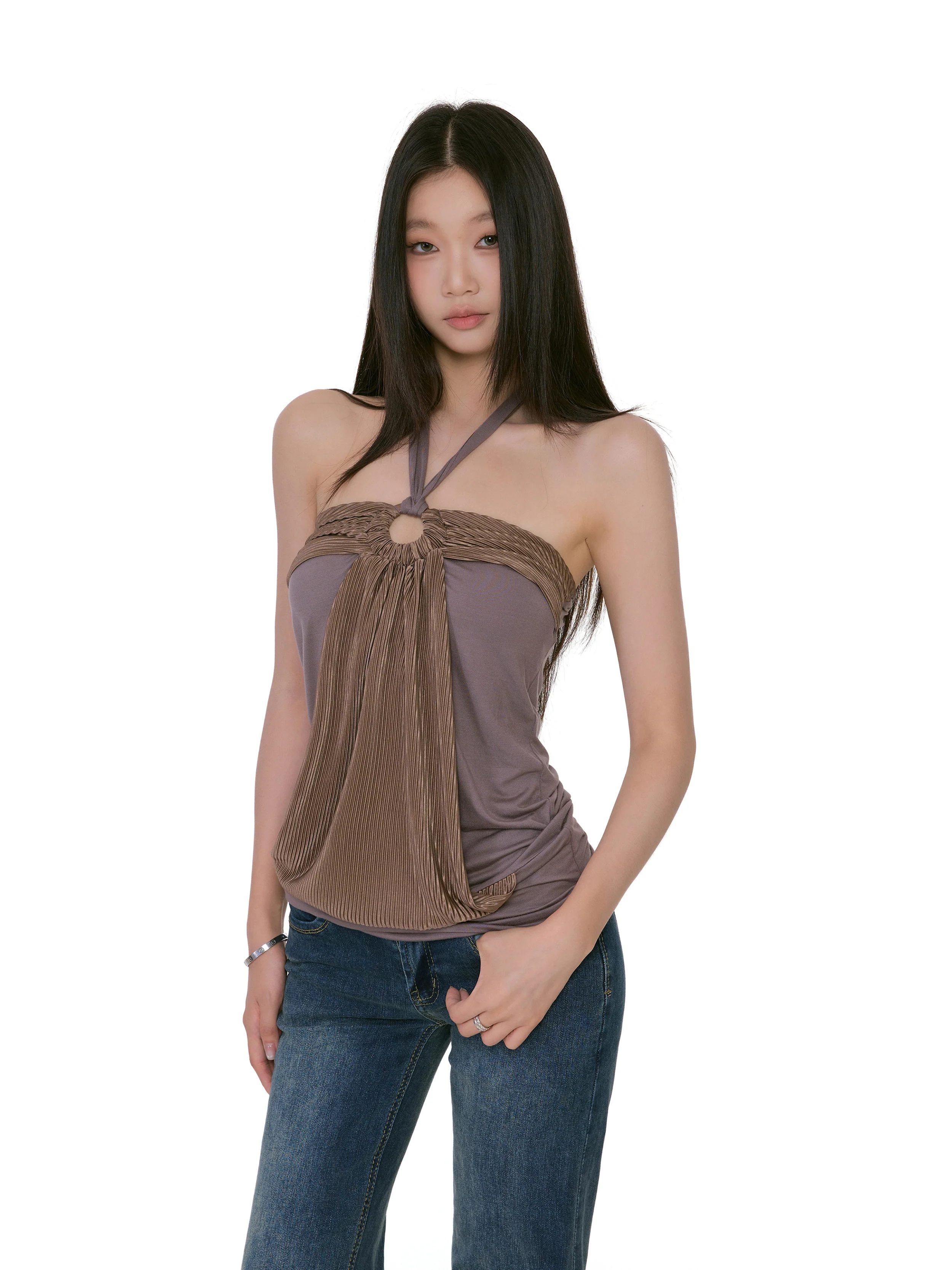 Halter Neck Pleated Ring Detail Draped Top - Image 6