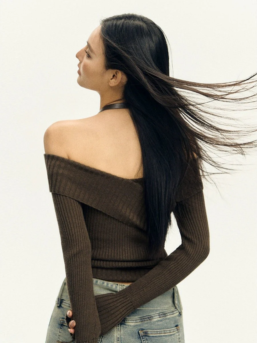Halter Neck Ribbed Knit Long Sleeve Top - Image 5