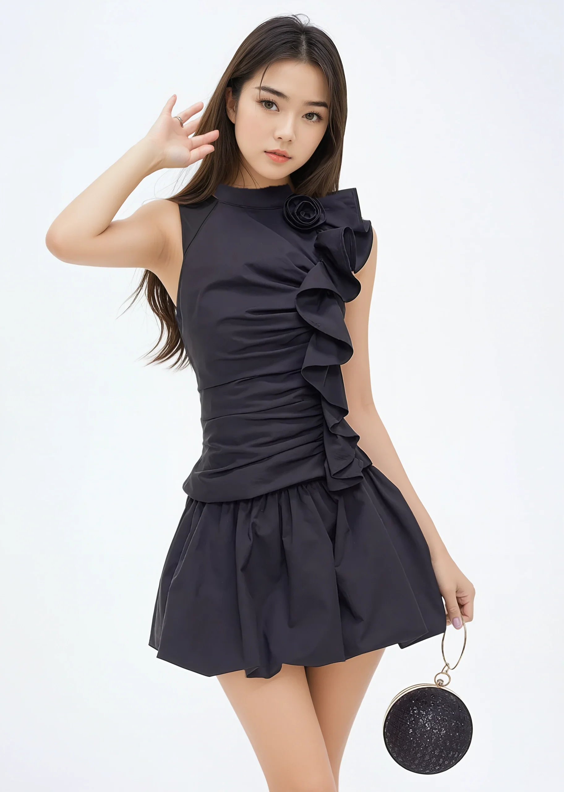 Halter Ruched Ruffle Top with Rose Applique and Balloon Mini Skirt Two-Piece Set - Image 3