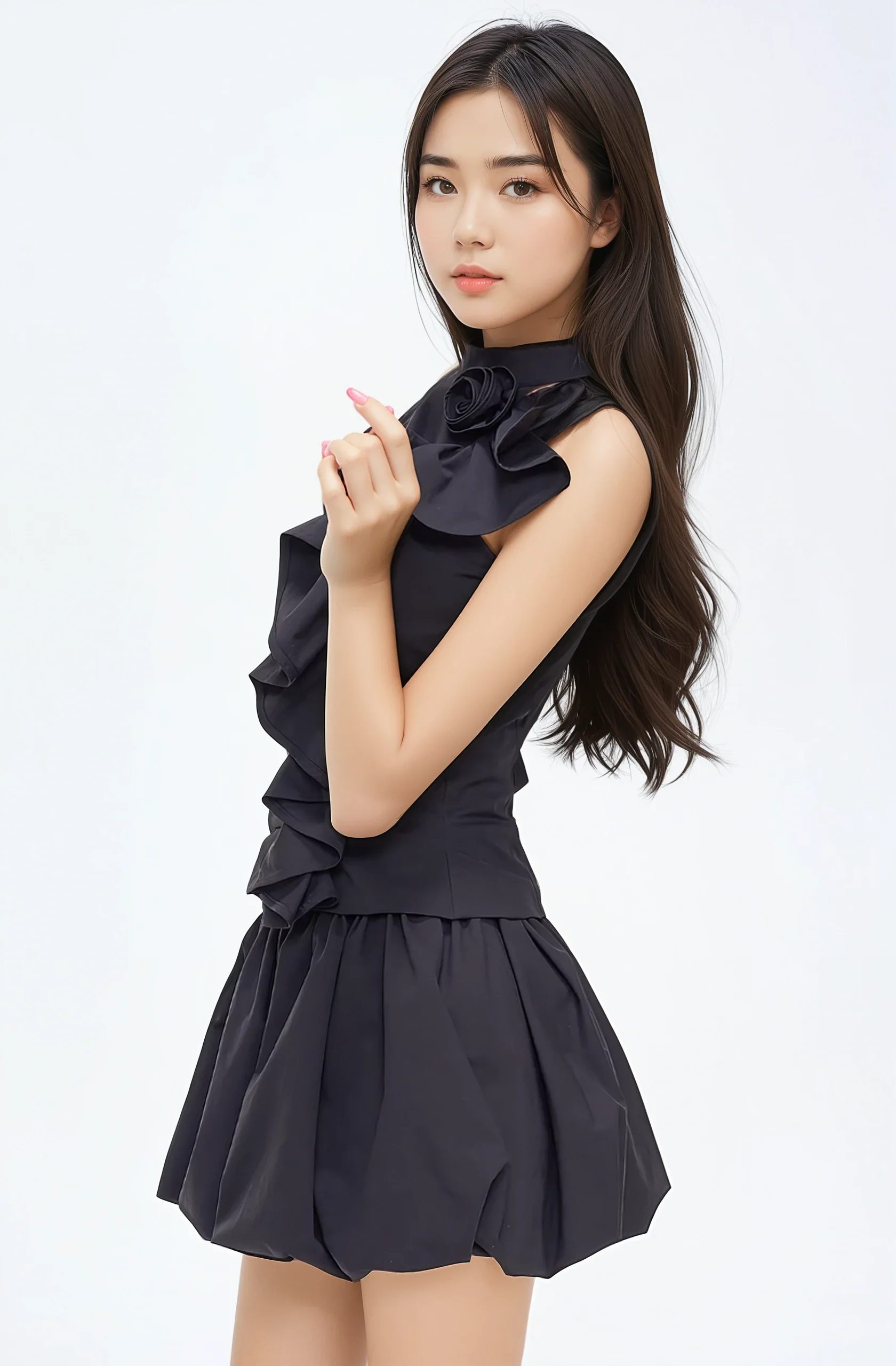 Halter Ruched Ruffle Top with Rose Applique and Balloon Mini Skirt Two-Piece Set - Image 4