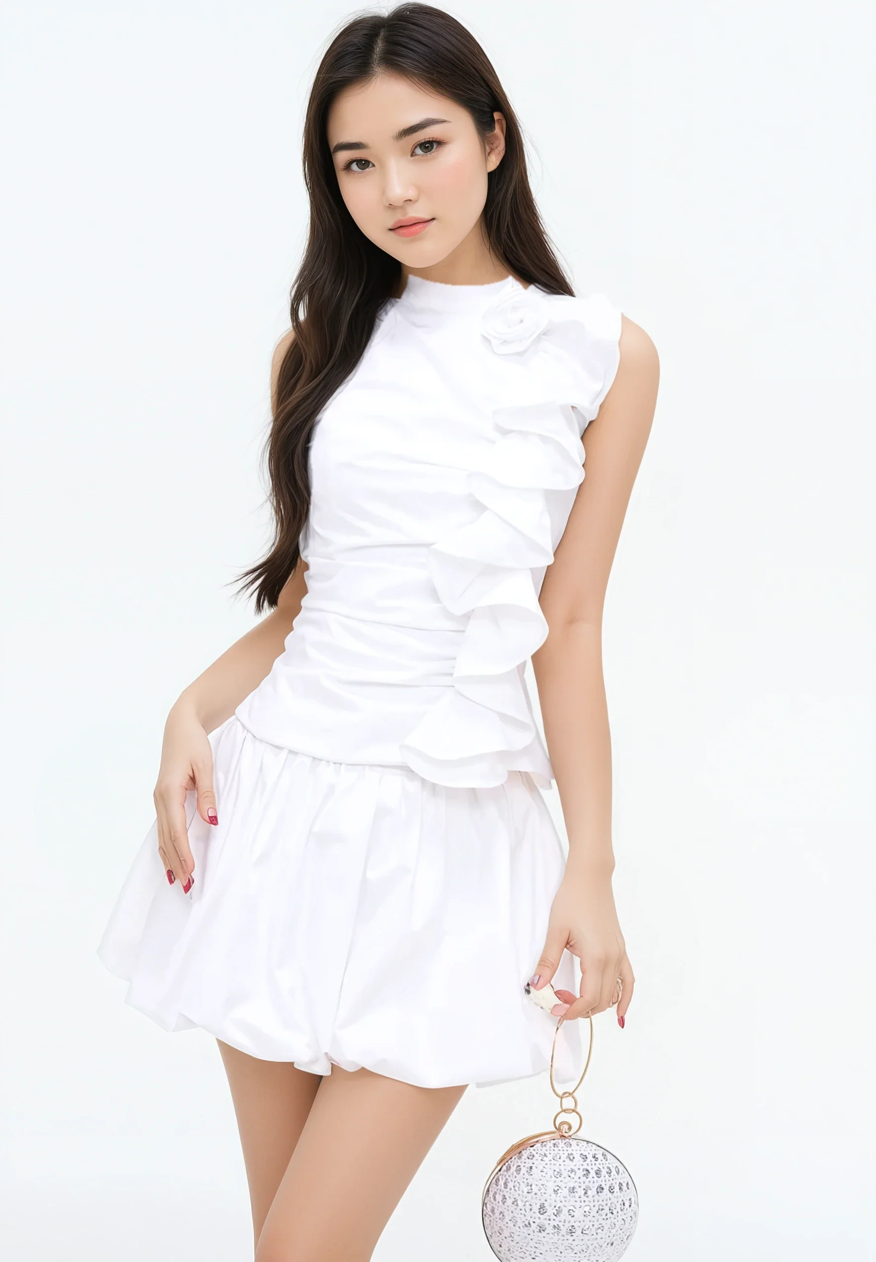 Halter Ruched Ruffle Top with Rose Applique and Balloon Mini Skirt Two-Piece Set - Image 6