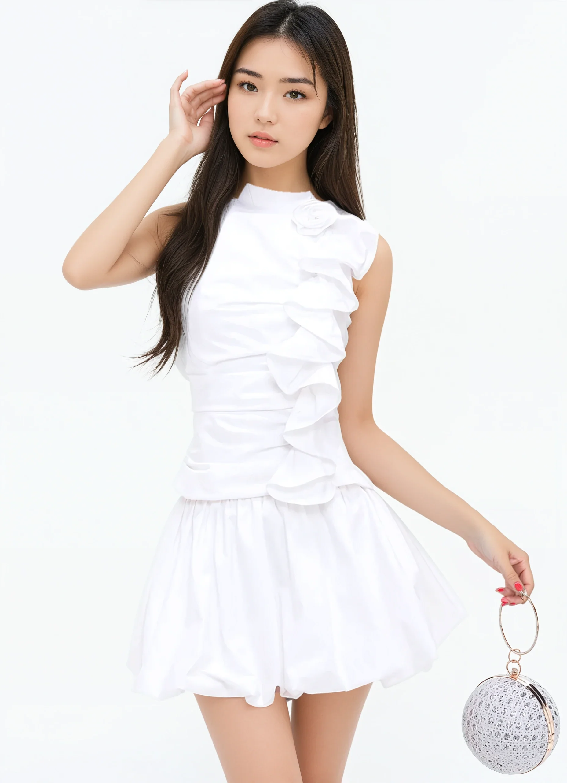 Halter Ruched Ruffle Top with Rose Applique and Balloon Mini Skirt Two-Piece Set - Image 7