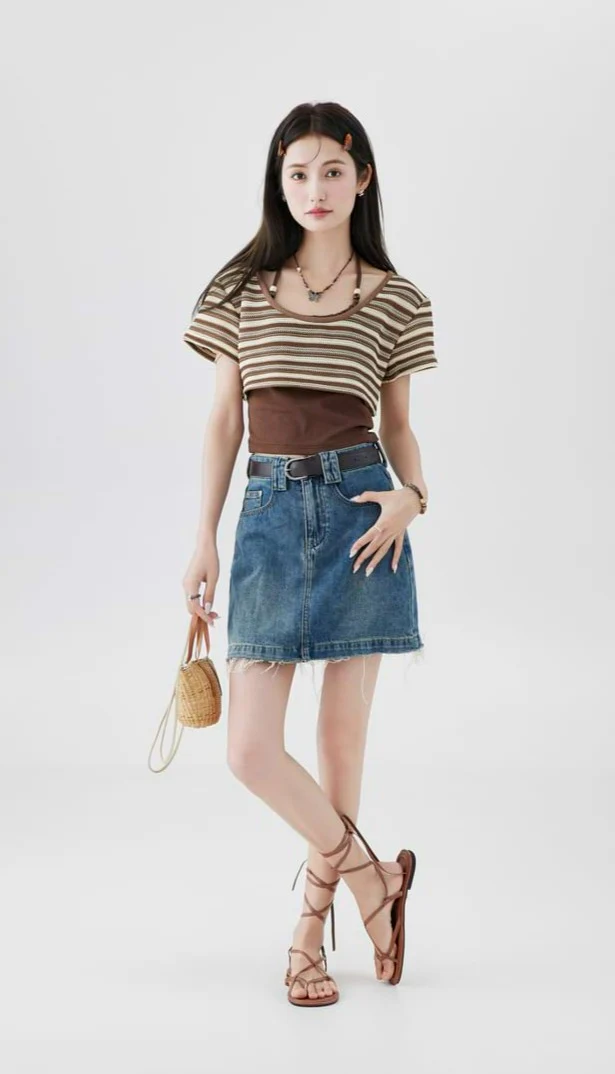 Halter Strap Camisole and Stripe Cropped Knit Top Two-Piece Set - Image 6