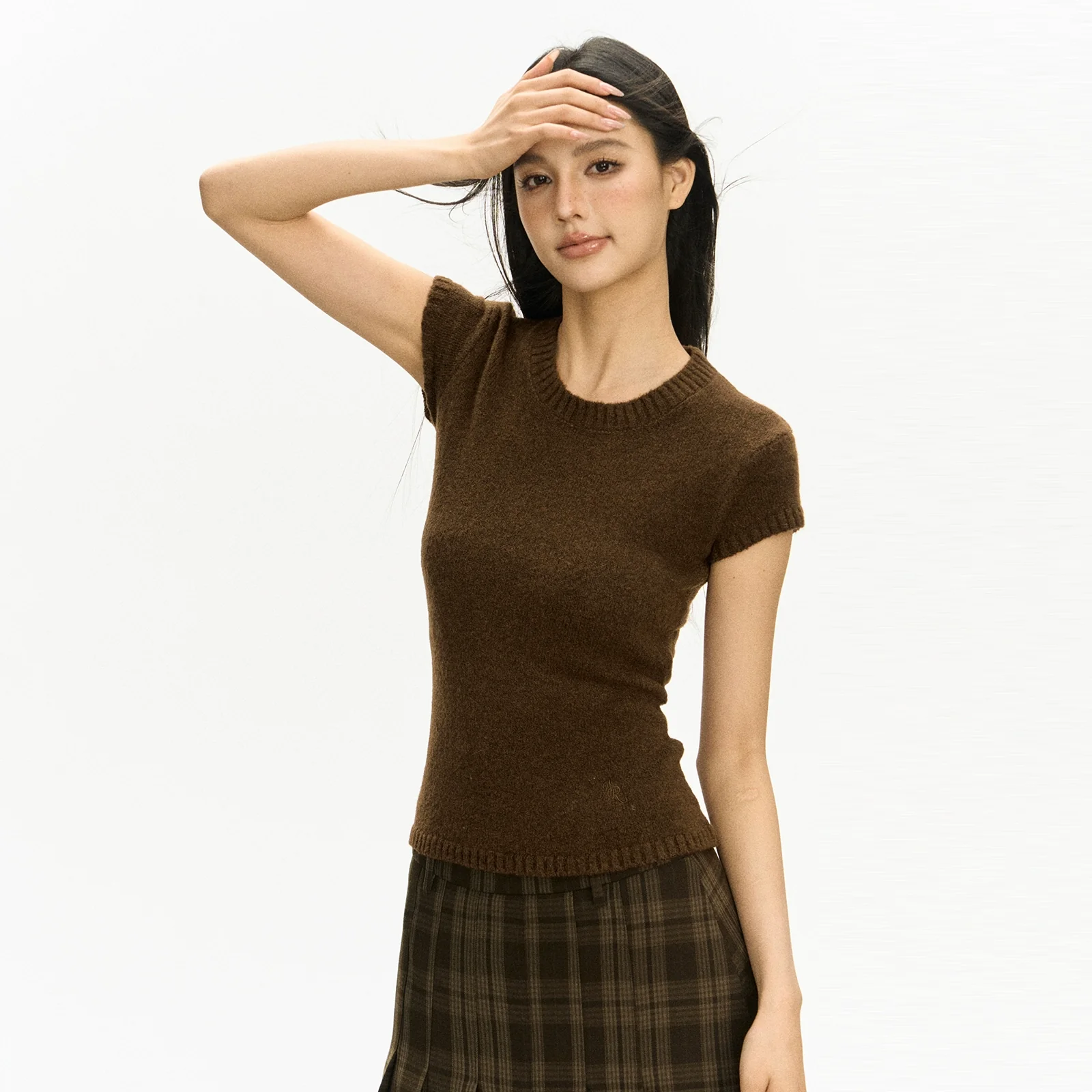 Heathered Crew Neck Short Sleeve Knit Top - Image 2