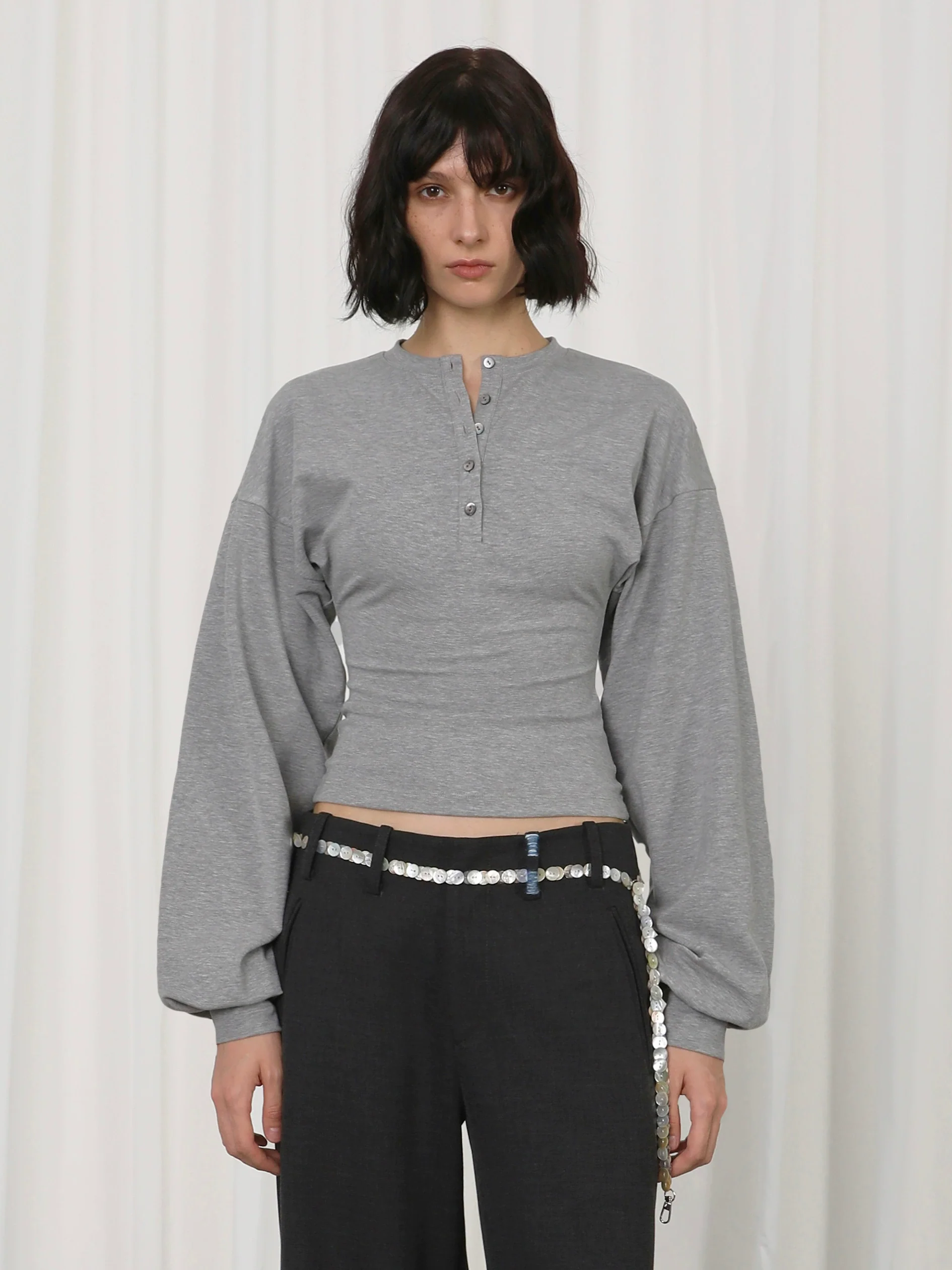 Henley Neck Cinch-Waisted T-Shirt With Balloon Sleeves