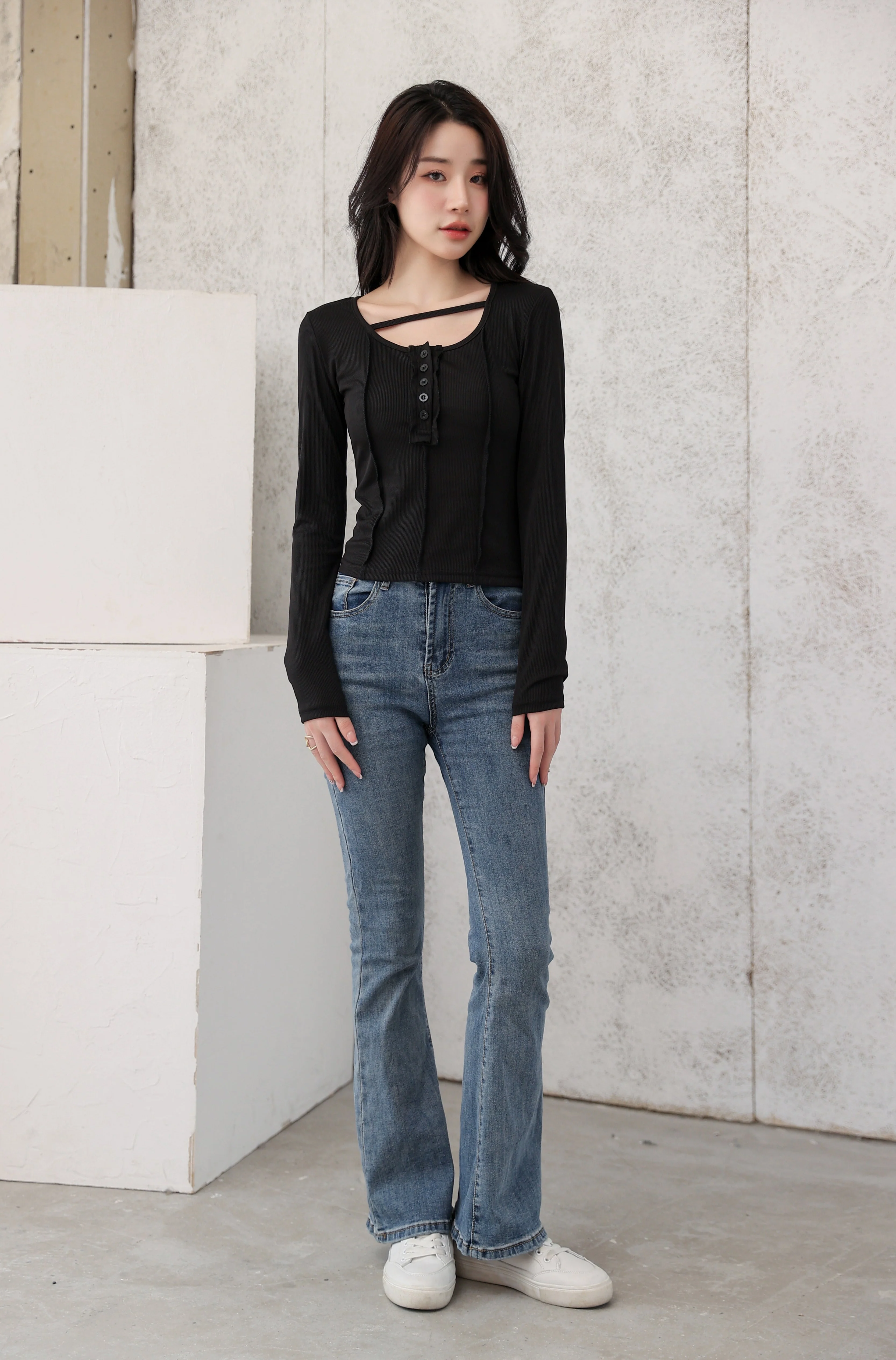 Henley Strap-Neck Patchwork Long Sleeve Crop Top - Image 26