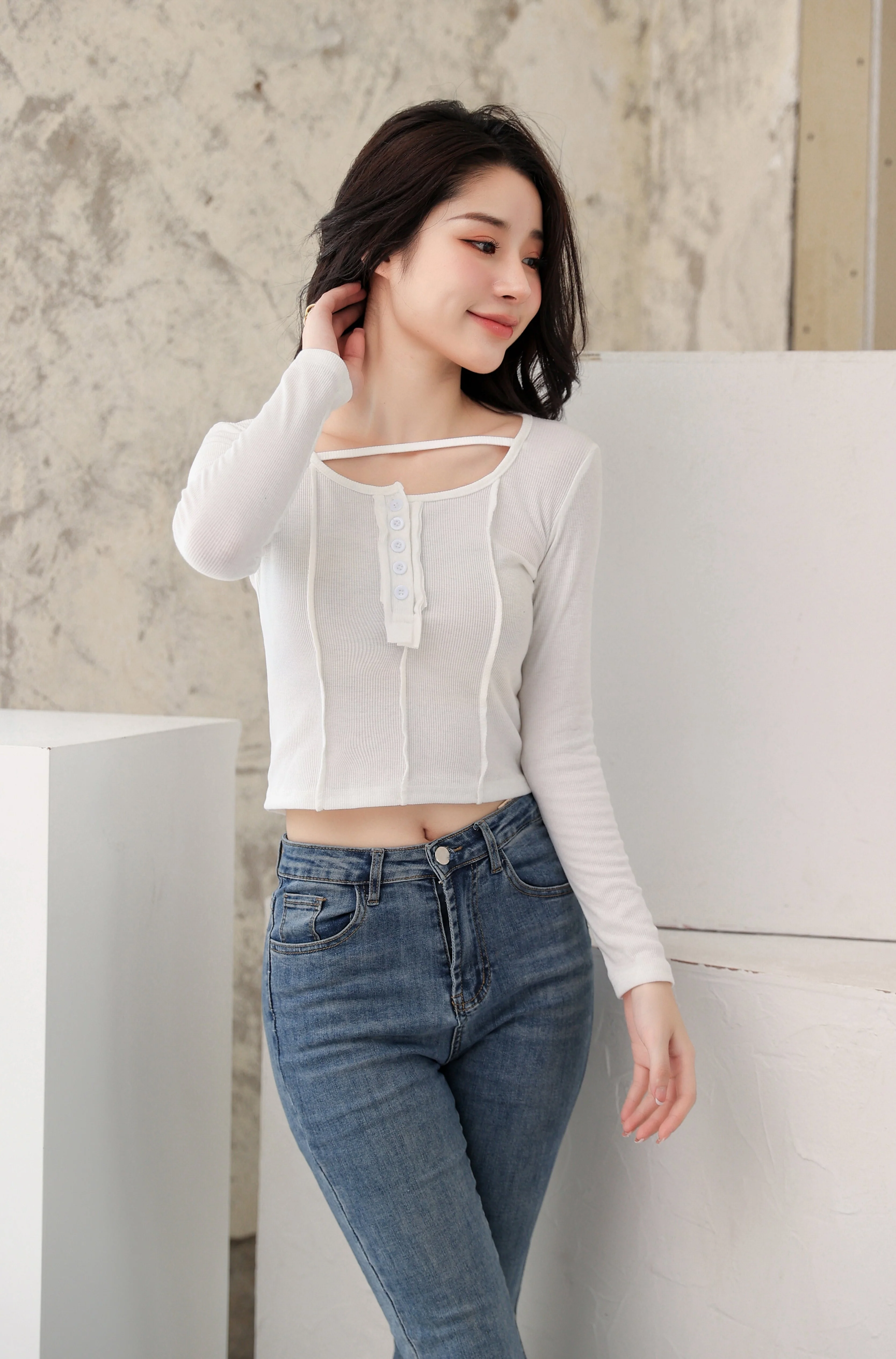 Henley Strap-Neck Patchwork Long Sleeve Crop Top - Image 8