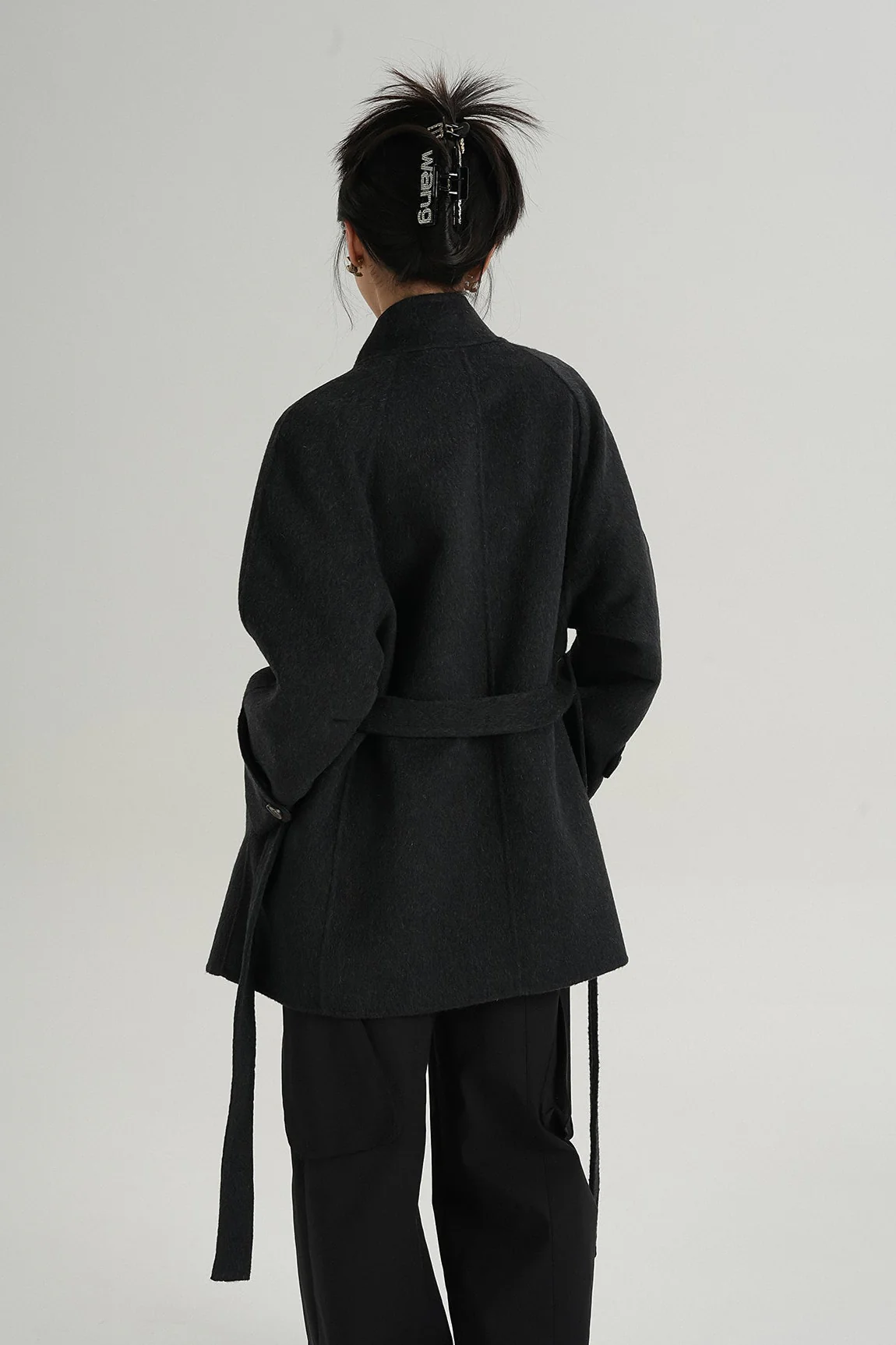 High Collar Asymmetric Button Coat with Belt - Image 4
