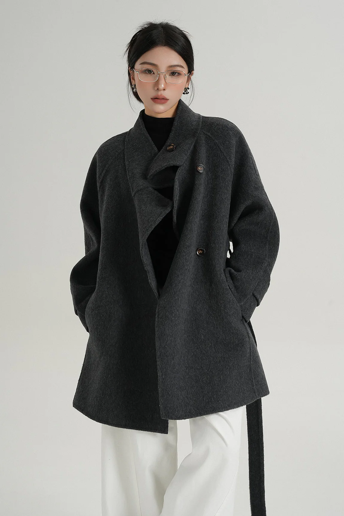 High Collar Asymmetric Button Coat with Belt - Image 7
