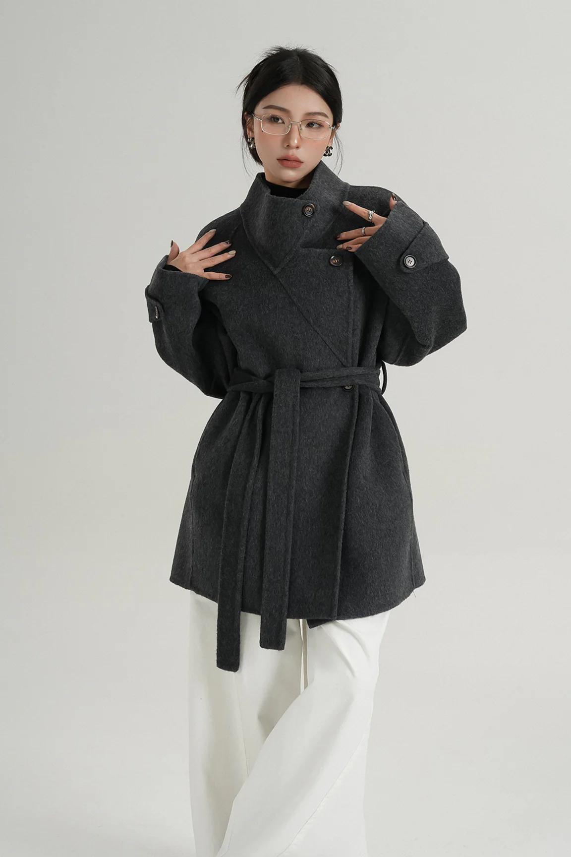 High Collar Asymmetric Button Coat with Belt - Image 9