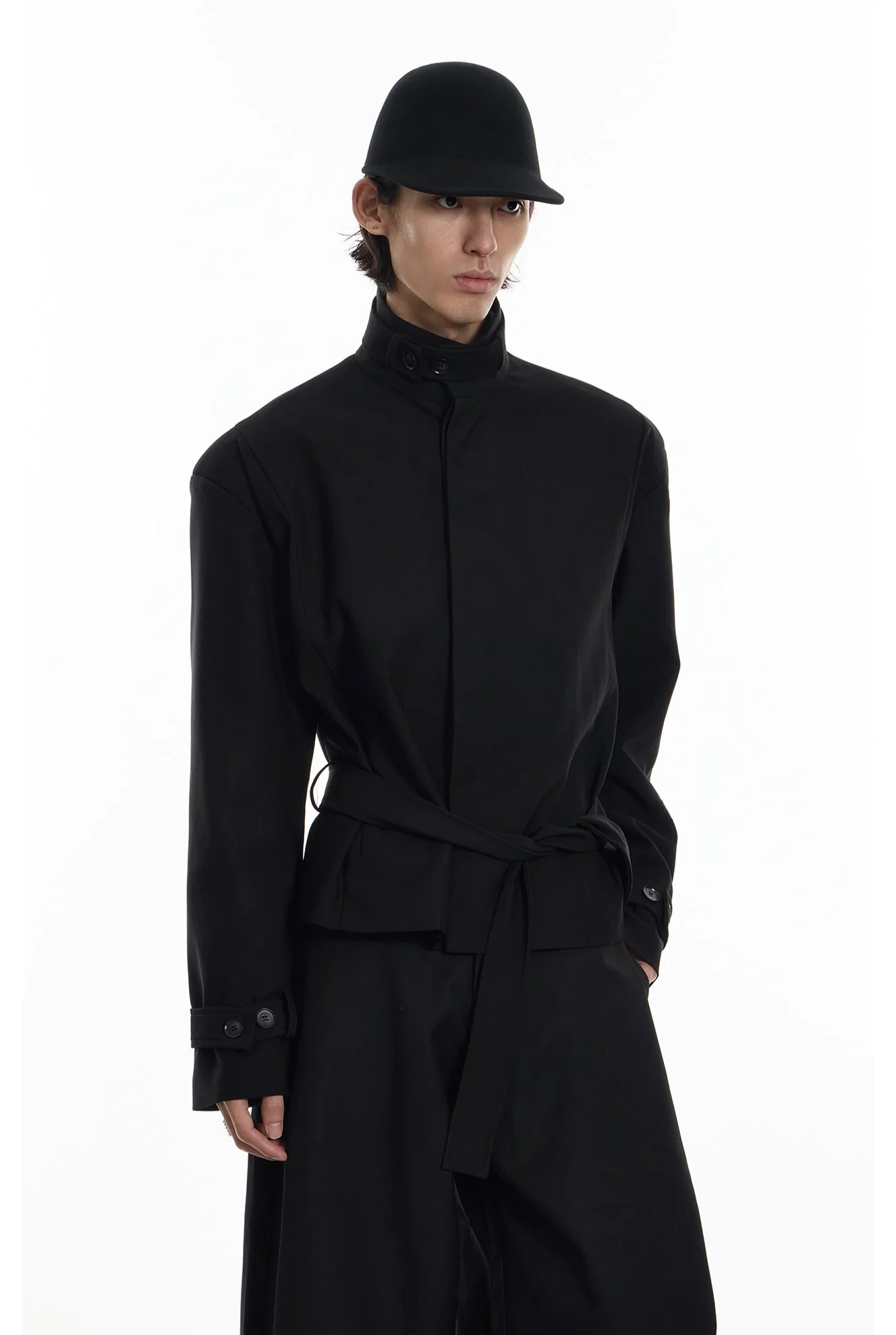 High Collar Button Cuff Belted Wrap Jacket - Image 2
