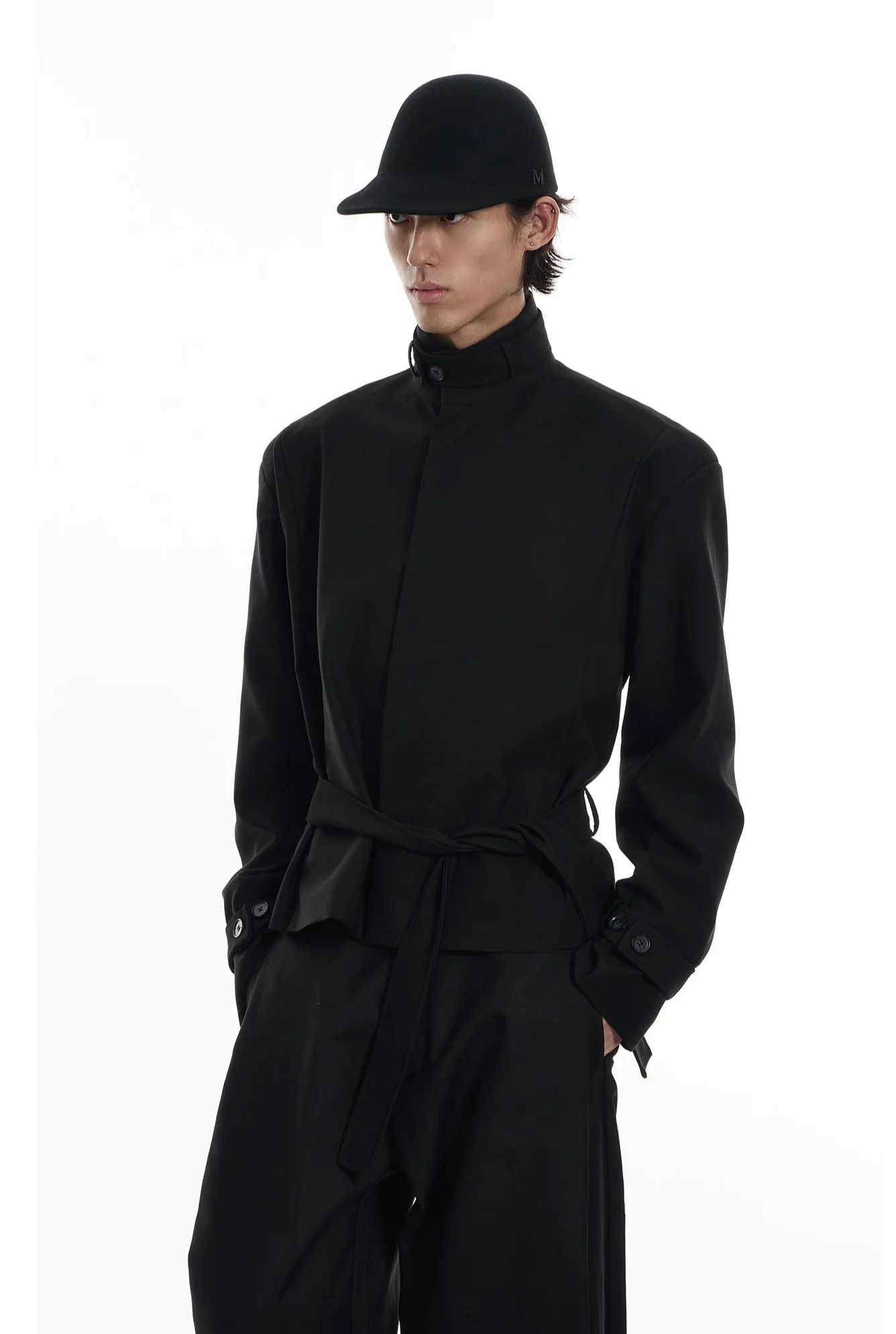 High Collar Button Cuff Belted Wrap Jacket - Image 3