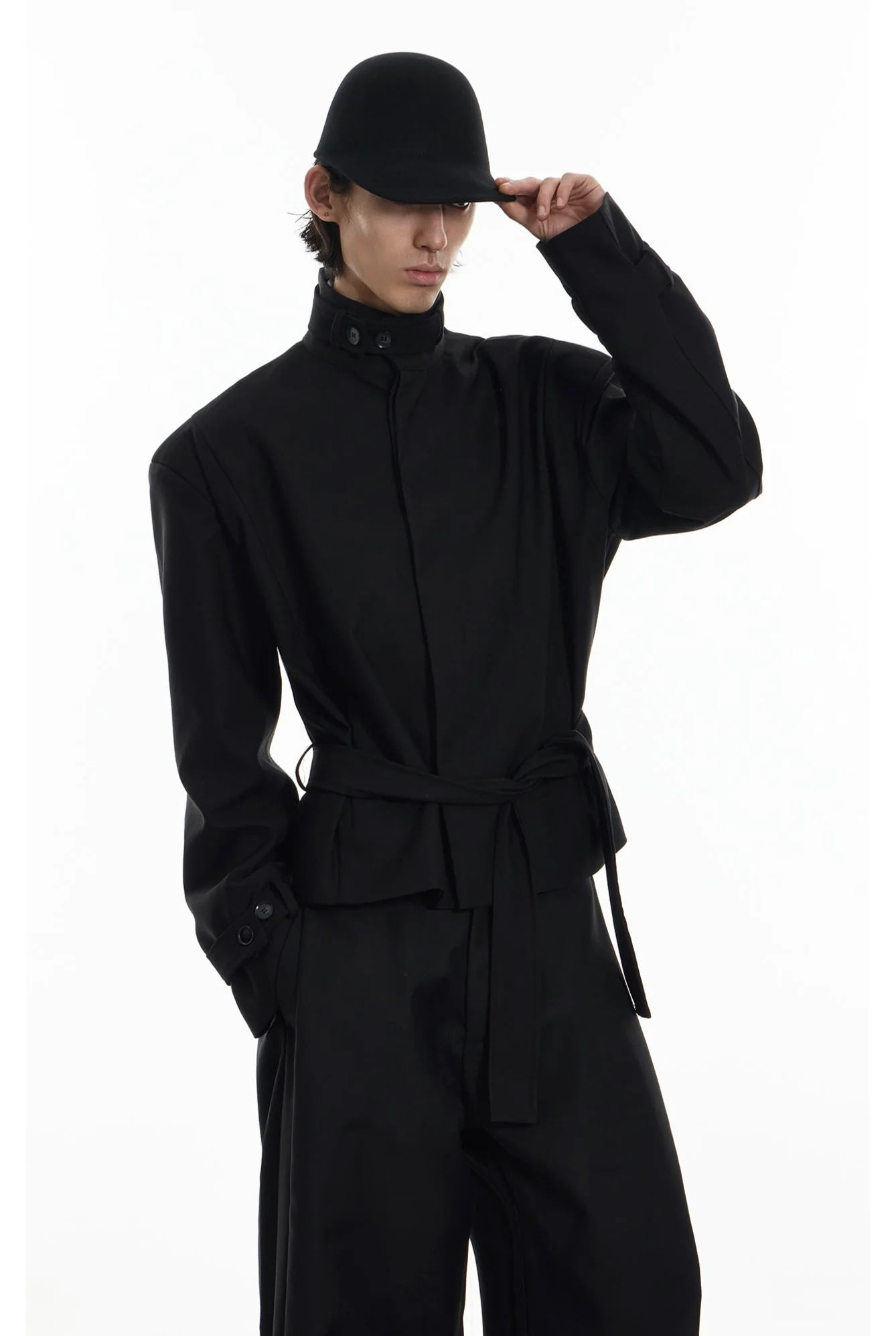 High Collar Button Cuff Belted Wrap Jacket - Image 4