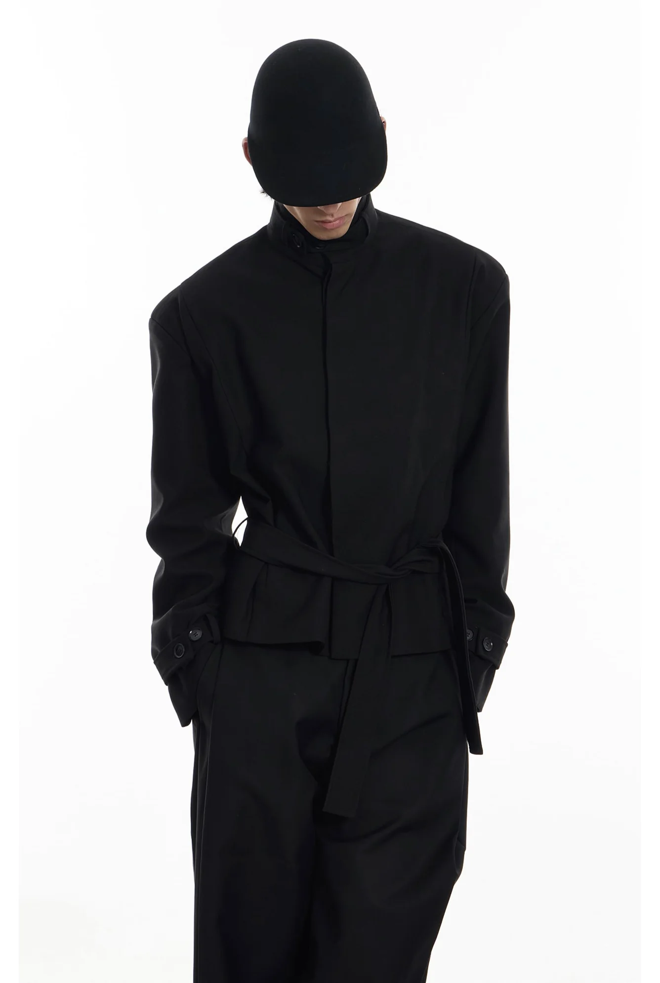 High Collar Button Cuff Belted Wrap Jacket - Image 5