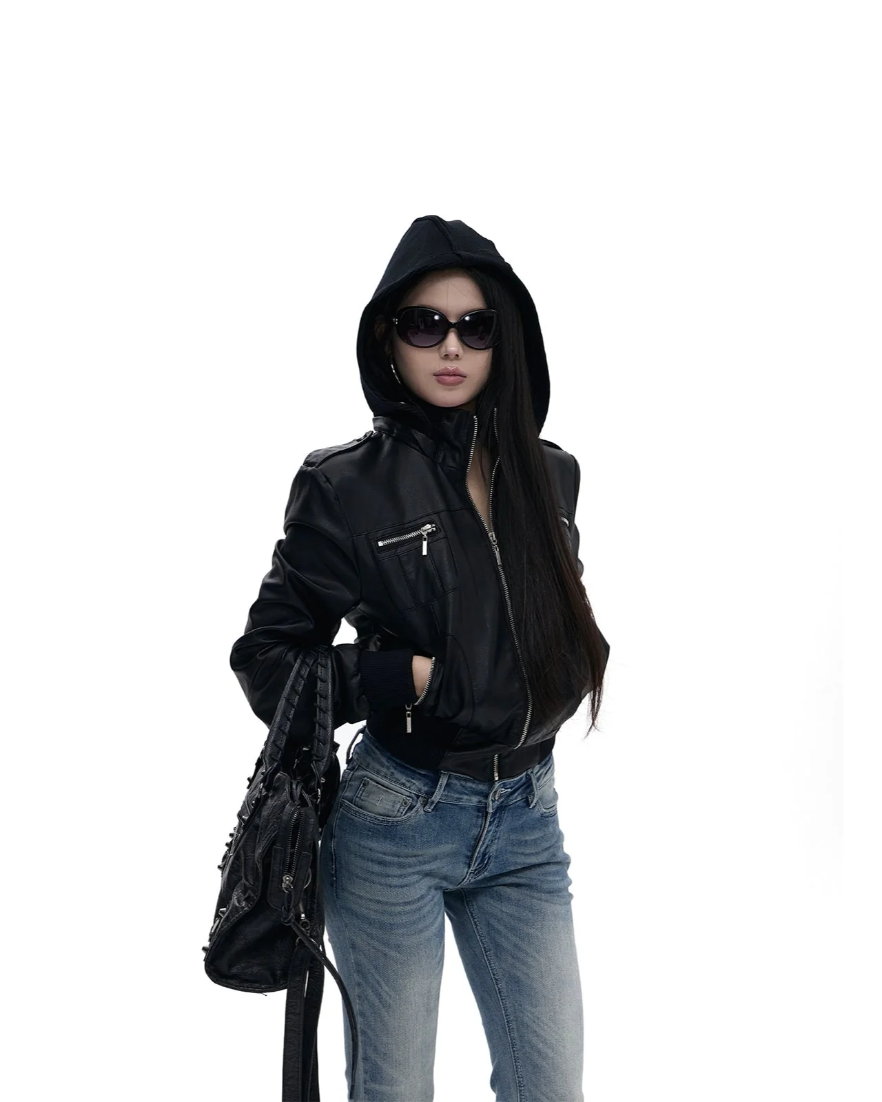 High Collar Cropped Faux Leather Bomber Jacket - Image 3