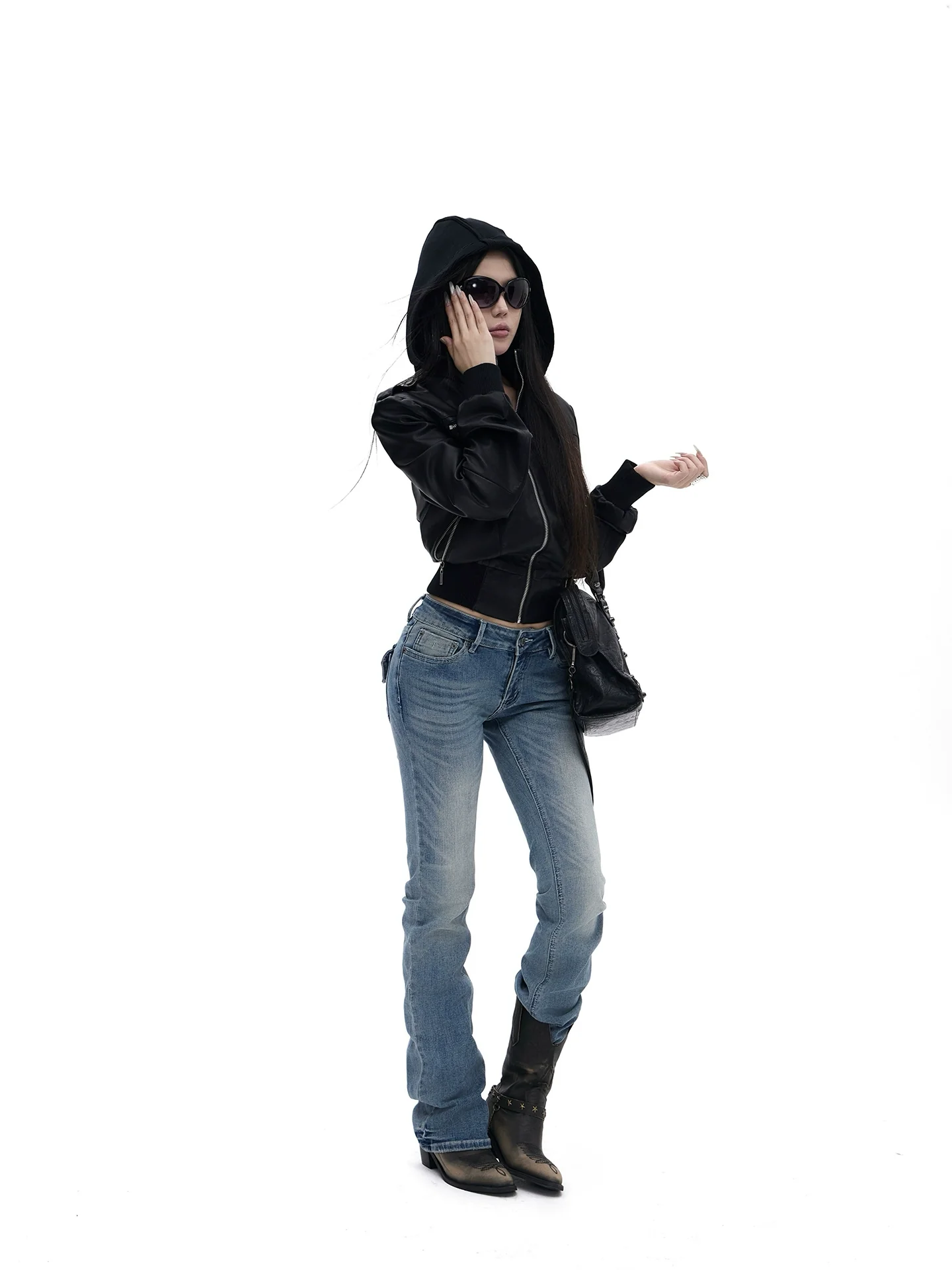 High Collar Cropped Faux Leather Bomber Jacket - Image 9