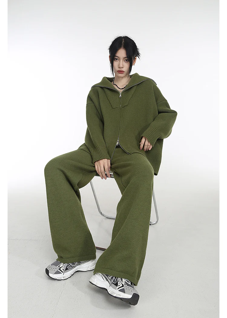 High Collar Ribbed Trim Cardigan and Wide Leg Pants Two-Piece Set - Image 10