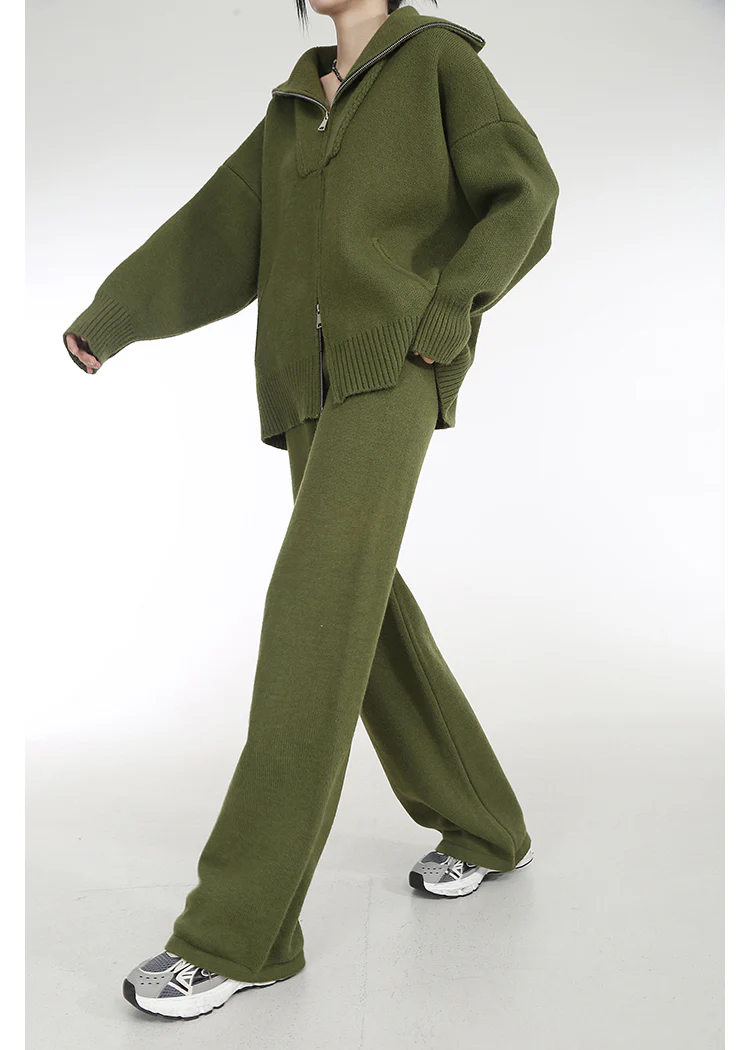 High Collar Ribbed Trim Cardigan and Wide Leg Pants Two-Piece Set - Image 11