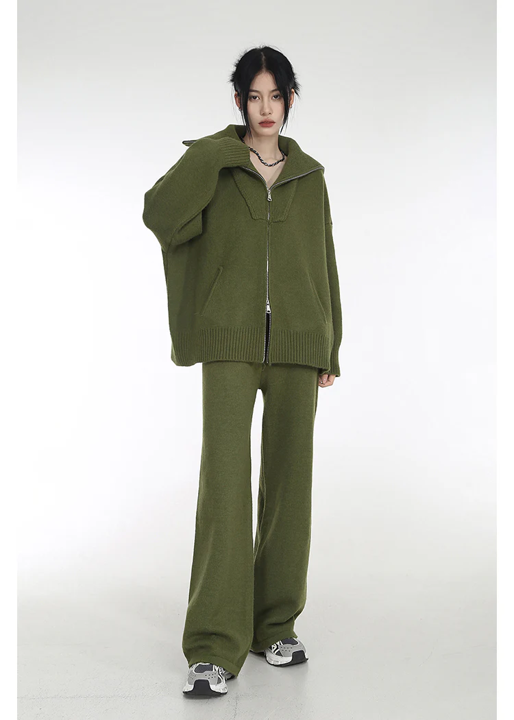 High Collar Ribbed Trim Cardigan and Wide Leg Pants Two-Piece Set - Image 12