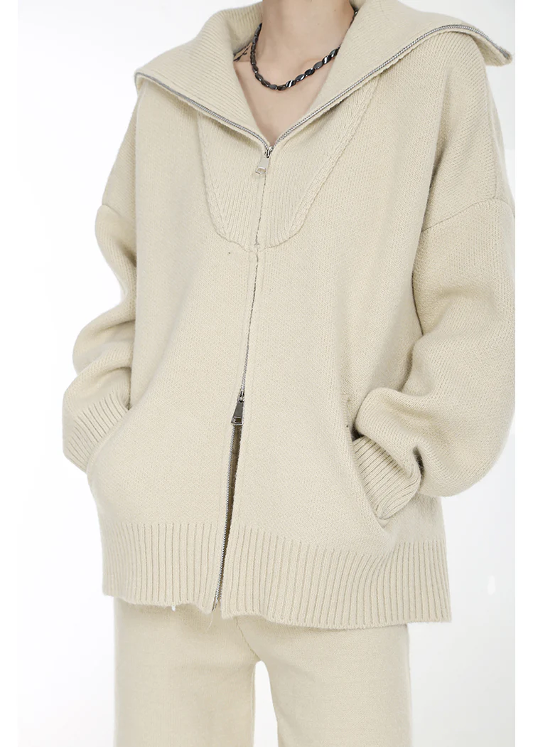 High Collar Ribbed Trim Cardigan and Wide Leg Pants Two-Piece Set - Image 13