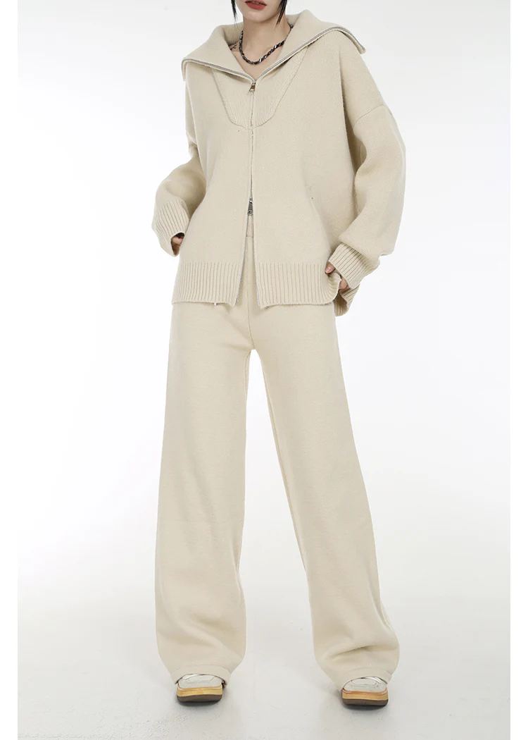 High Collar Ribbed Trim Cardigan and Wide Leg Pants Two-Piece Set - Image 14