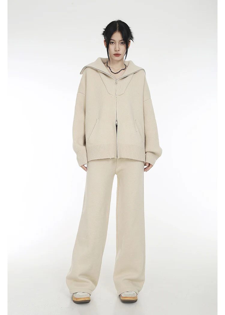 High Collar Ribbed Trim Cardigan and Wide Leg Pants Two-Piece Set - Image 15