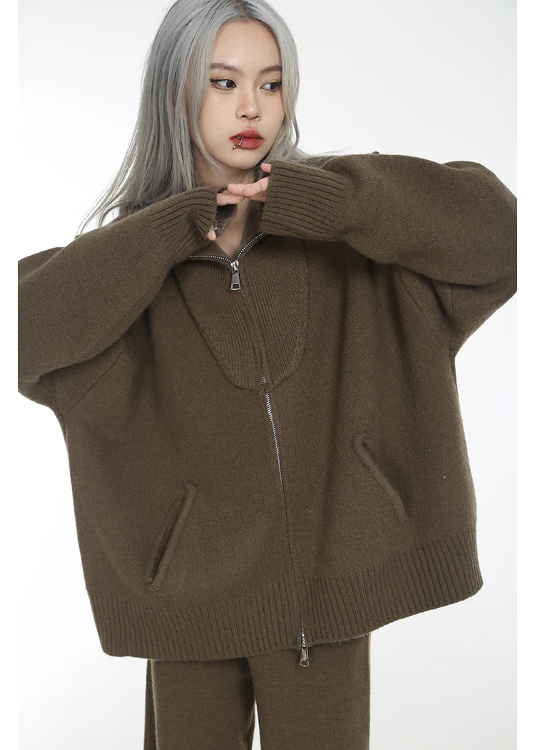 High Collar Ribbed Trim Cardigan and Wide Leg Pants Two-Piece Set - Image 2