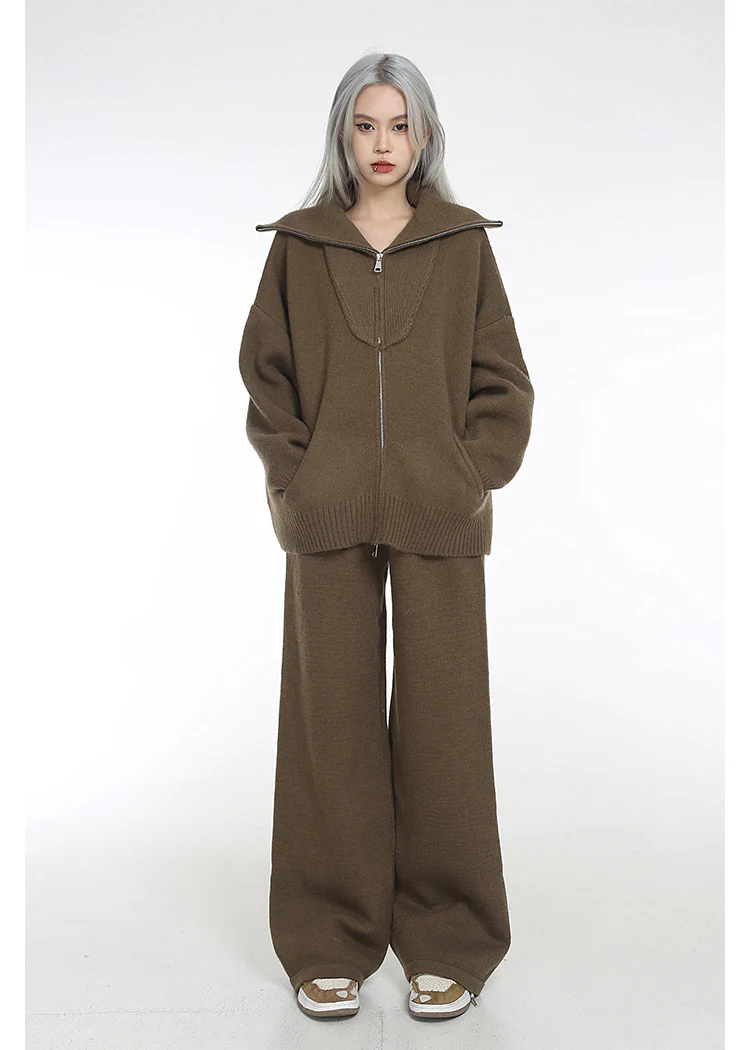 High Collar Ribbed Trim Cardigan and Wide Leg Pants Two-Piece Set - Image 3