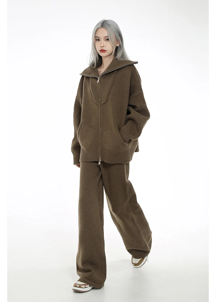 High Collar Ribbed Trim Cardigan and Wide Leg Pants Two-Piece Set - Image 4