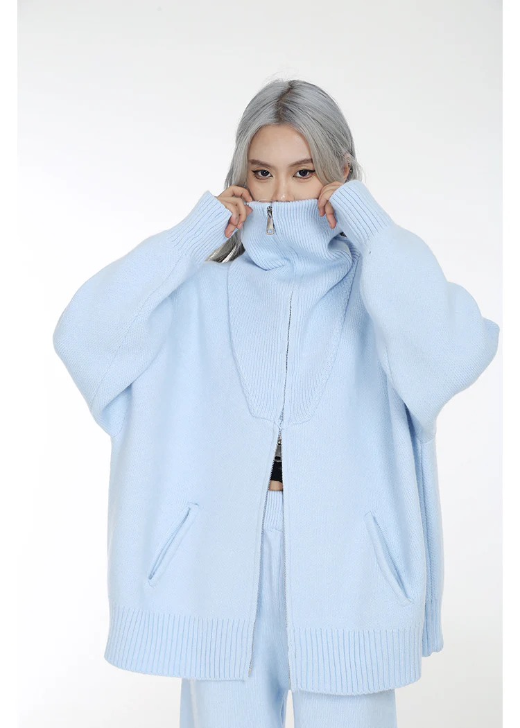 High Collar Ribbed Trim Cardigan and Wide Leg Pants Two-Piece Set - Image 5