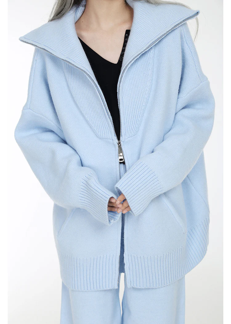 High Collar Ribbed Trim Cardigan and Wide Leg Pants Two-Piece Set - Image 6