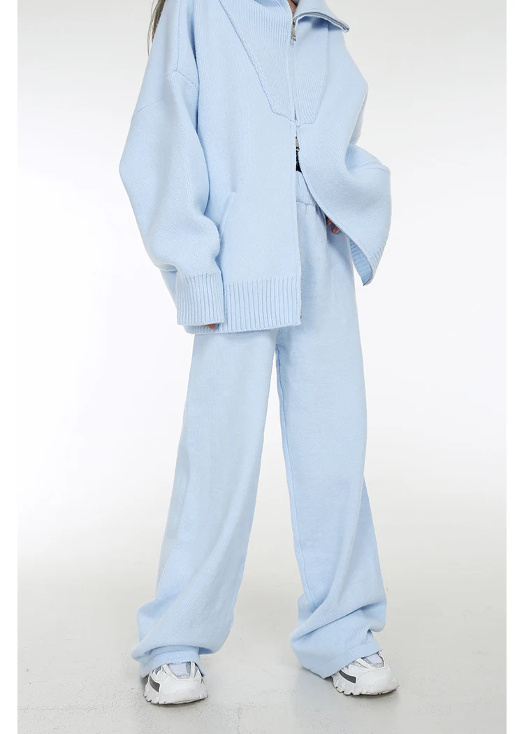 High Collar Ribbed Trim Cardigan and Wide Leg Pants Two-Piece Set - Image 7