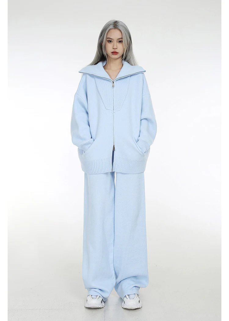High Collar Ribbed Trim Cardigan and Wide Leg Pants Two-Piece Set - Image 8
