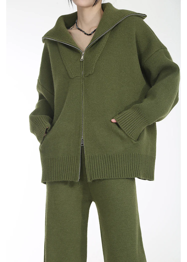 High Collar Ribbed Trim Cardigan and Wide Leg Pants Two-Piece Set - Image 9