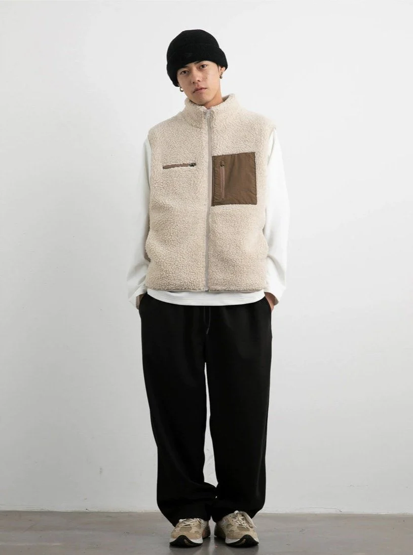 High Collar Shearling Vest with Zip Pockets - Image 3
