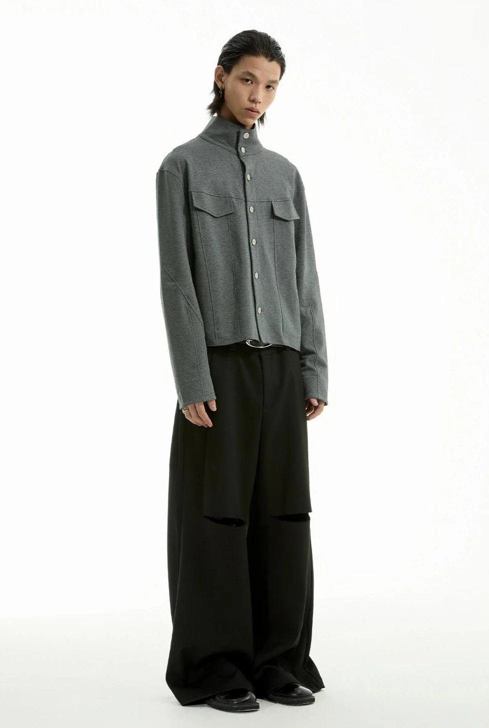 High Collar Terry Button Jacket with Chest Pockets - Image 9