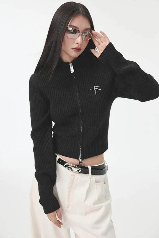 High Neck Double Zip Skinny Crop Top - Image 8