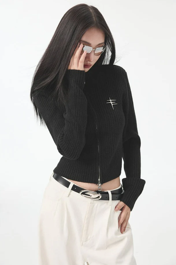 High Neck Double Zip Skinny Crop Top - Image 9