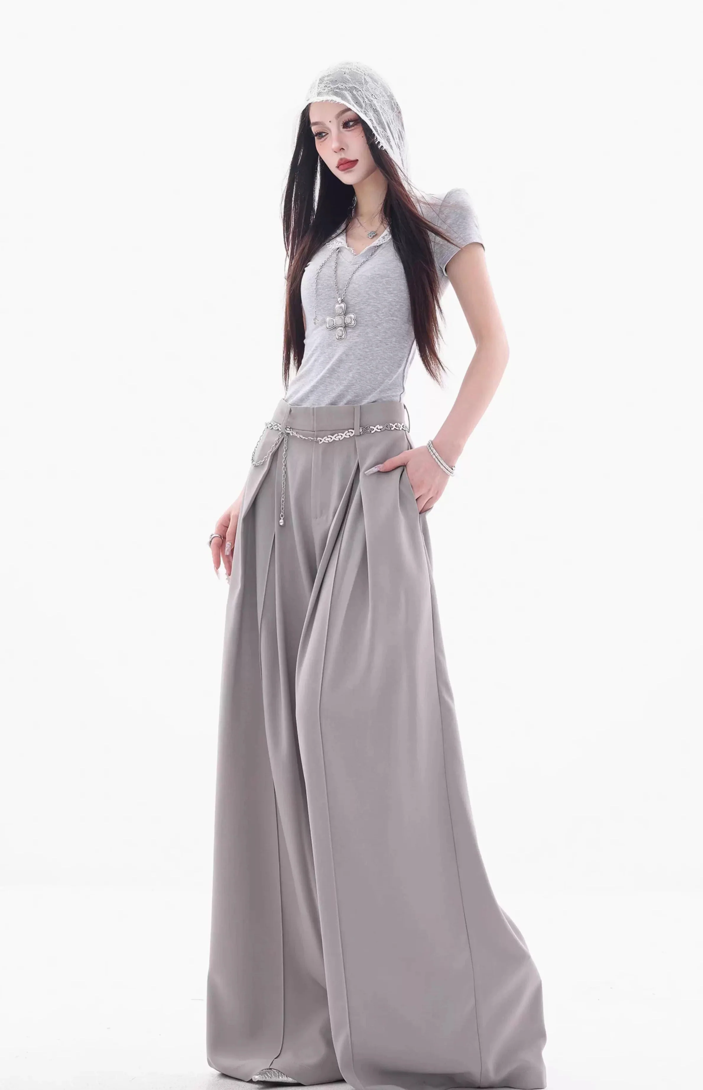 High Waist Extra Wide Leg Pleated Pants with Belt Loops - Image 3