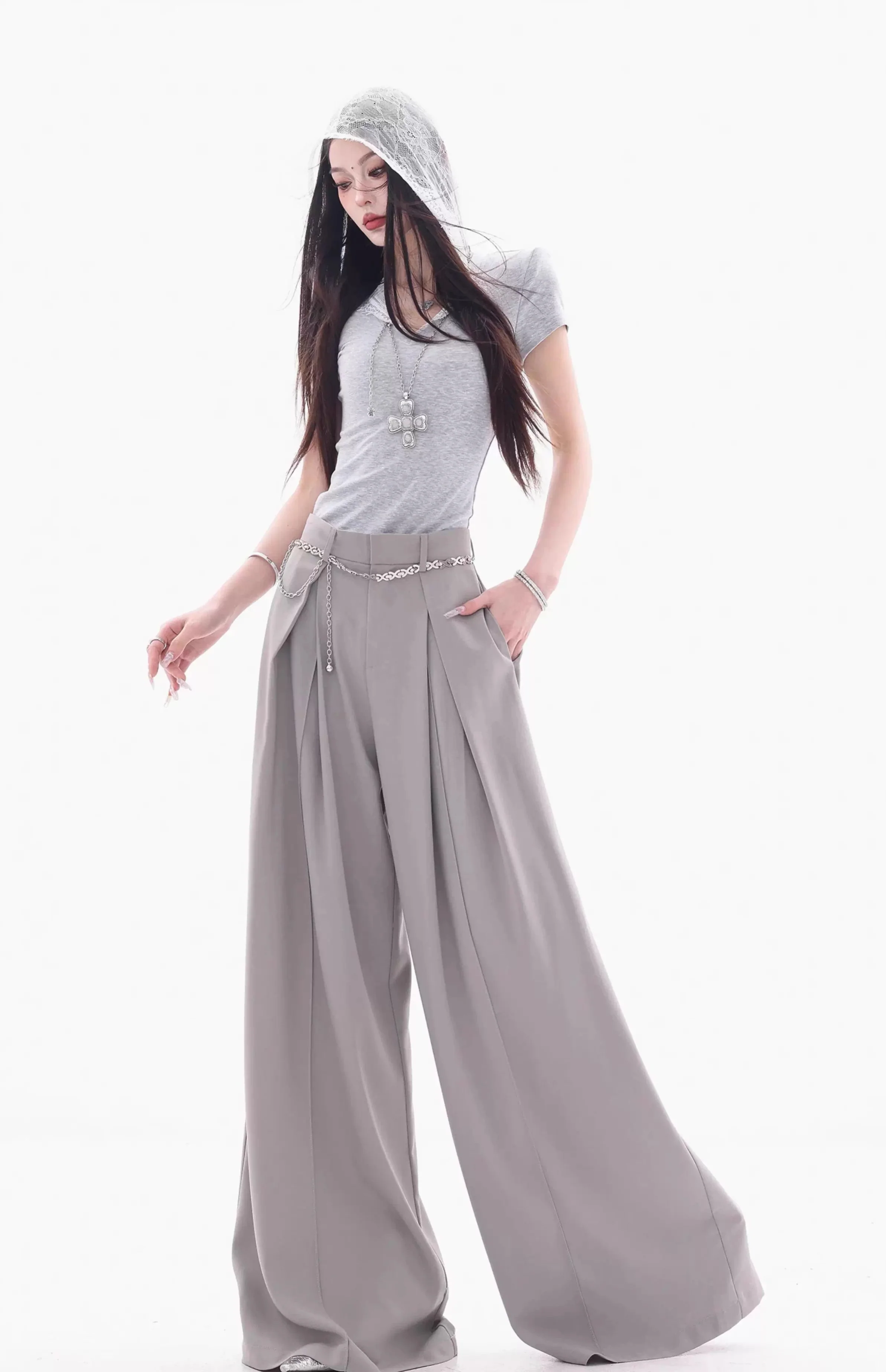 High Waist Extra Wide Leg Pleated Pants with Belt Loops - Image 4