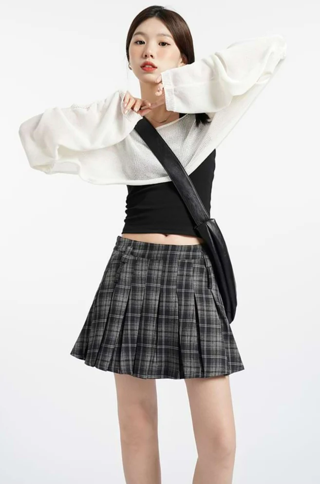 High Waist Pleated Plaid Mini Skirt - Image 10
