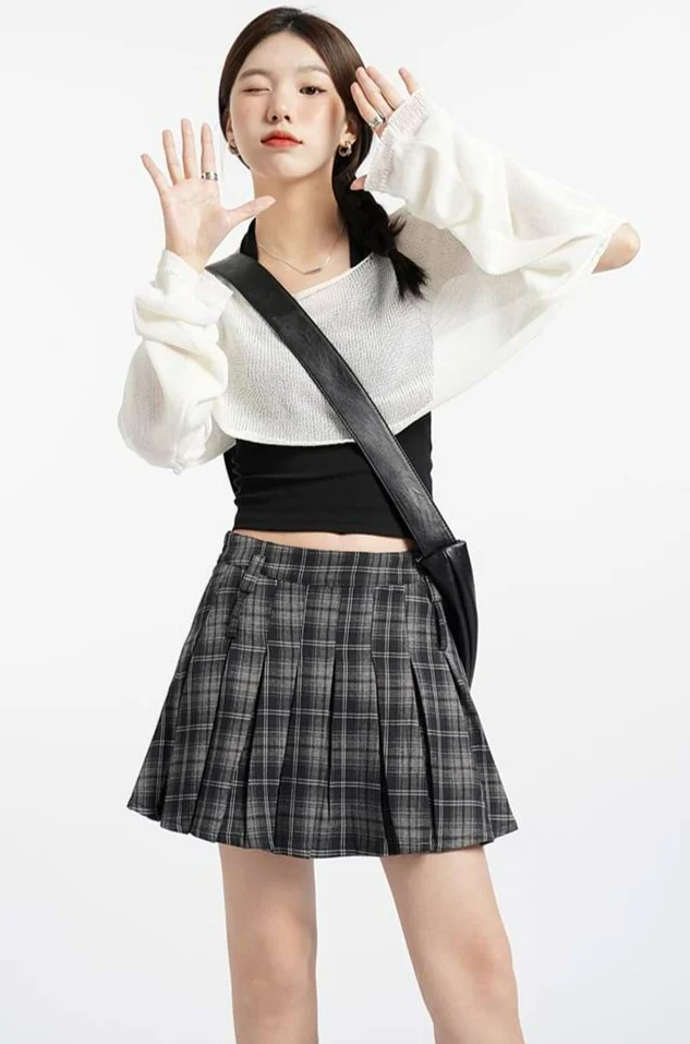 High Waist Pleated Plaid Mini Skirt - Image 11