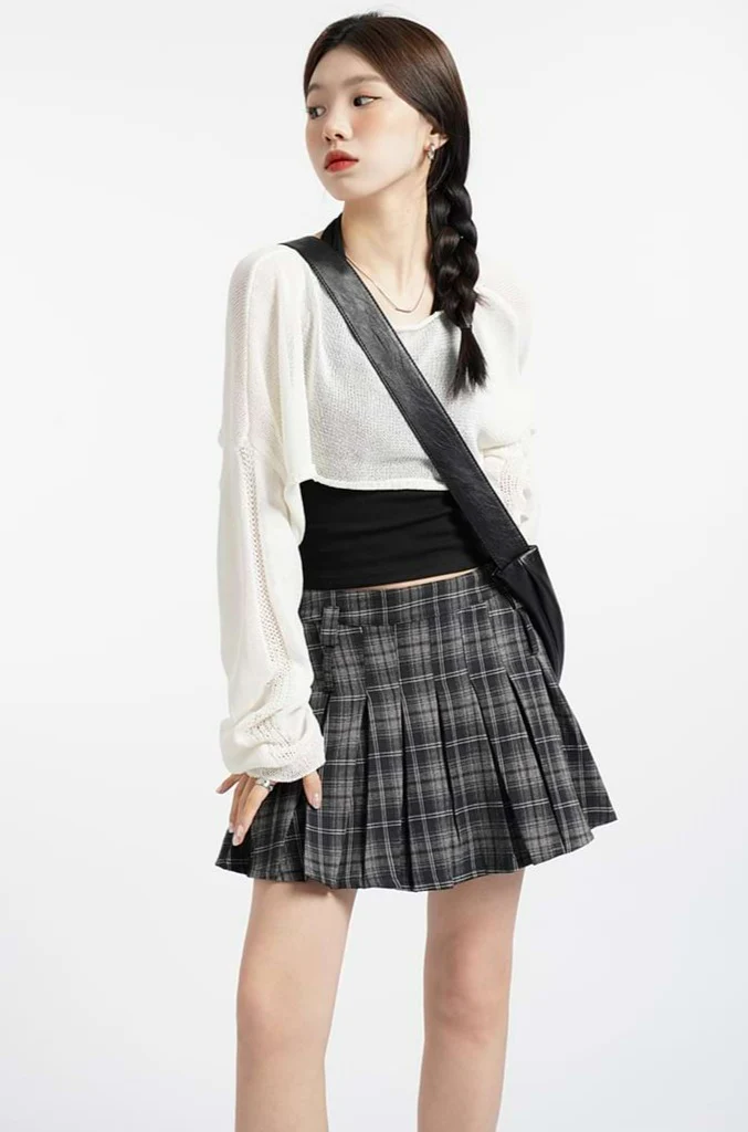 High Waist Pleated Plaid Mini Skirt - Image 9