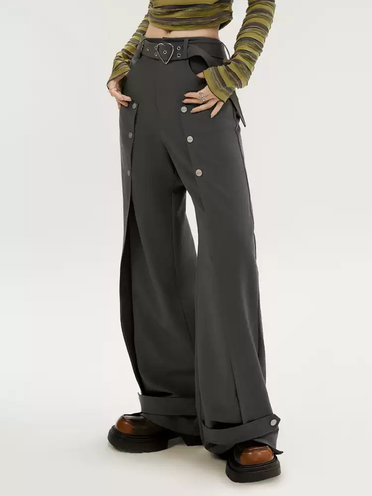 High-Waist Wide-Leg Pants with Button Split Design - Image 2