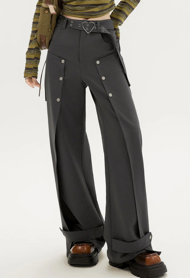 High-Waist Wide-Leg Pants with Button Split Design - Image 3