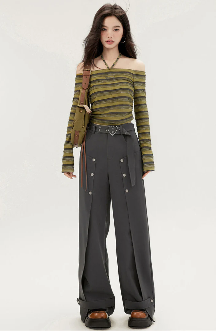 High-Waist Wide-Leg Pants with Button Split Design - Image 5