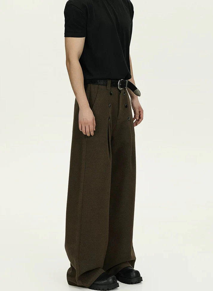 High-Waisted Pleated Wide Leg Trousers with Button Details - Image 13