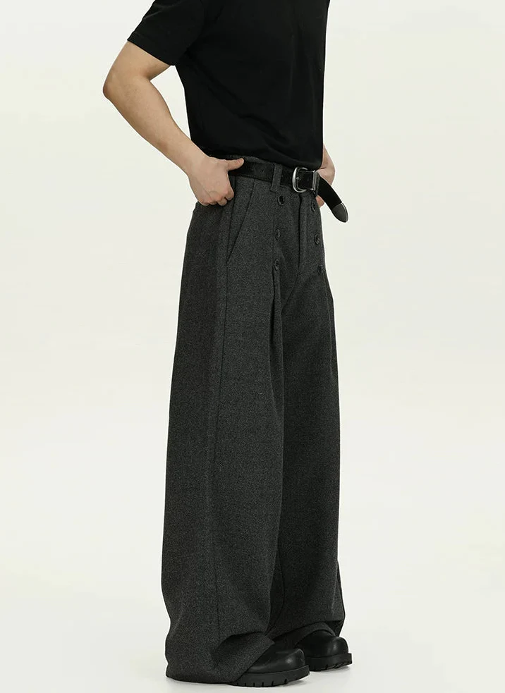 High-Waisted Pleated Wide Leg Trousers with Button Details - Image 3